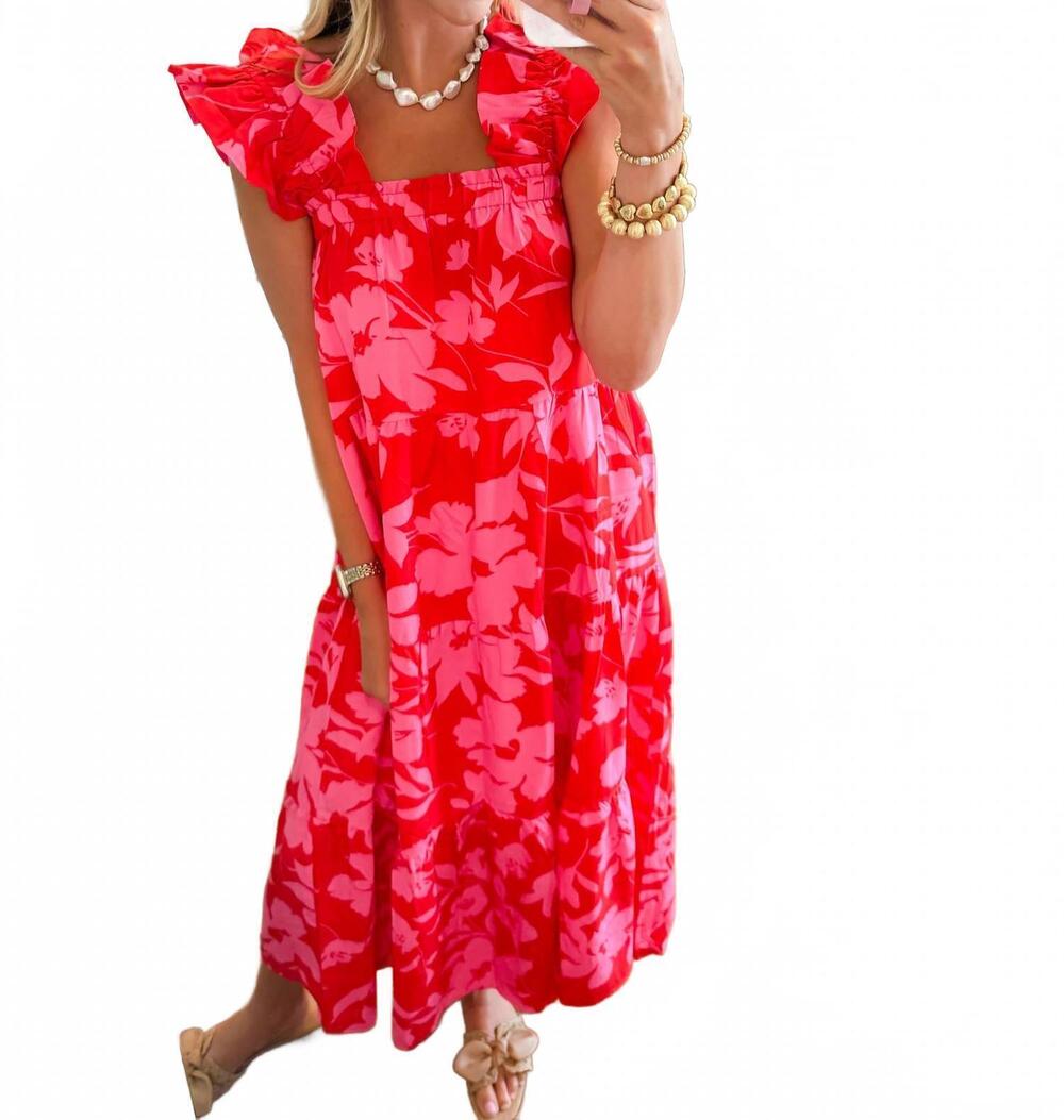 NEW THML hibiscus tiered maxi dress in bright pink